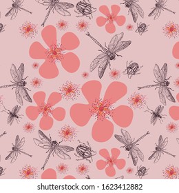 dragonflies and flowers pattern on a light background
