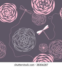 Dragonflies and flowers. Seamless background