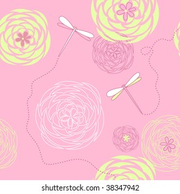 Flores y libélulas. Fondo transparente