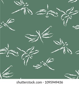 Dragonflies fly on a green background. Seamless pattern.