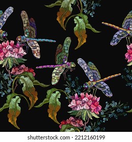 Dragonflies and geranium flowers. Spring and summer template for design of clothes and t-shirt design. Embroidery seamless pattern