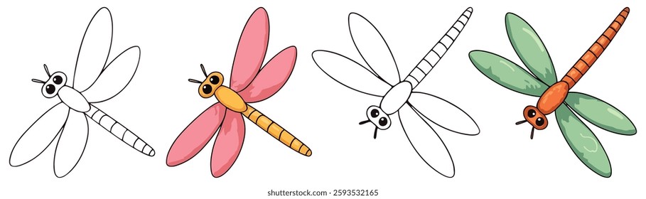 Dragonflies Isolated Line Art Vector Outline Illustration Black and White with Coloring Sample