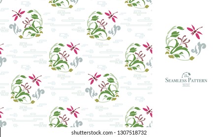 Dragonflies with lace design wings flying over a patch of waterlily leaves. Seamless vector pattern. Great for fabric, paper products, home decor,