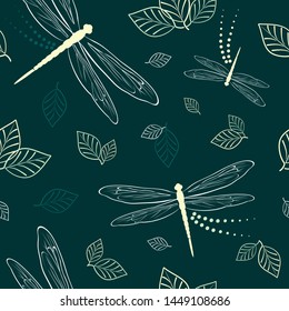 Dragonflies and Leaves Vector Textile Seamless Pattern
