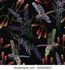 Dragonflies and lilac flowers. Autumn harvest background. Seamless pattern. Embroidery. Fashion template for clothes, textiles and t-shirt design