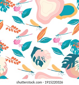 Dragonflies and medinilla showy flowers seamless pattern.Pink tropical bushes,big monstera leaves.Juicy summer print.Trendy vector for textile,web design,cover template.