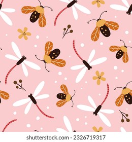 Dragonflies and moths seamless pattern. Repeat pattern with cute bugs and flowers isolated on pink background. Square design. Vector illustration.