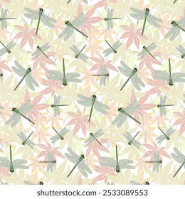 Dragonflies on autumn leaves.Vector seamless pattern with dragonflies and autumn leaves on transparent background.