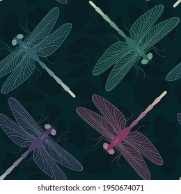 Dragonflies on a dark background - seamless pattern. Vector Background for fabric, textile, wallpaper, poster, web site, card, gift wrapping paper  