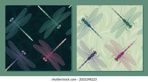 Dragonflies on a light and dark background - set of seamless patterns. Vector Background for fabric, textile, wallpaper, poster, web site, card, gift wrapping paper  