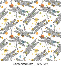 Dragonflies pattern. Vector abstract background. Seamless colorful wallpaper.