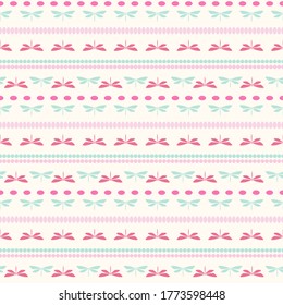 Dragonflies repeat pattern design whit horizontal stripes. Vintage repeat pattern design.