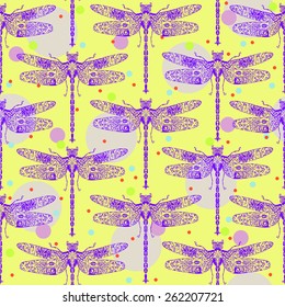 Dragonflies seamless bright pattern in chinoiserie style.Yellow background.