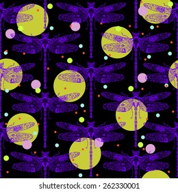 Dragonflies seamless bright pattern in chinoiserie style.Black background.