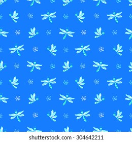 Dragonflies seamless pattern on blue background. Vector