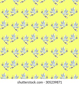 Dragonflies seamless pattern on yellow background. Vector