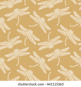 Dragonflies seamless pattern. Vector abstract golden background. 