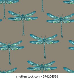Dragonflies seamless vector pattern on brown background. Realistic sketch style.  For prints, fabric, wrapping and other design.