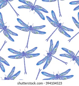 Dragonflies seamless vector pattern. Realistic sketch style. Lilac on white background. For prints, fabric, wrapping and other design.