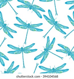 Dragonflies seamless vector pattern. Realistic sketch style. blue on white background. For prints, fabric, wrapping and other design.