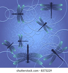 Dragonflies skimming over a pond, leaving ripples
