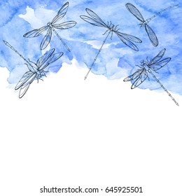 Dragonflies in the sky. Vector illustration with place for text. Five hand-drawn dragonflies on a blue watercolor background.