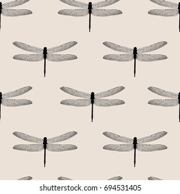 Dragonflies. vector seamless pattern. hand drawn graphic illustration on beige background. Stylized seamless pattern in vintage style
