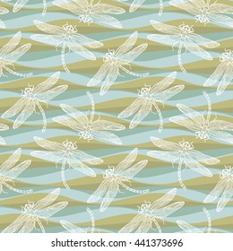 Dragonflies and waves seamless pattern. Vector abstract olive green and white background. 