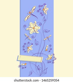 Dragonflies and yellow flowers on a bright blue background. Flower design. Design poster, banner, greeting card. Space for text, stylized flowers and dragonflies.