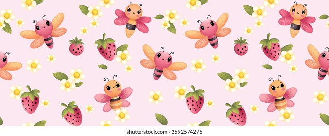 Dragonfly, 3d character, vector file. seamless pattern for decorating all fashion designs, fabrics, wallpapers and prints. on a light pink background