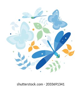 Dragonfly. Abstract minimal drawing of strichoses, butterflies, leaves on a white background. Doodle graphic design, ready for t-shirt printing. Vector art illustration for textile. Hand-drawn. 