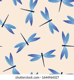 Dragonfly abstract seamless pattern. Repeating clothes textile print with darning-needle insects. Flying water dragonfly vector background. Fauna beings seamless. Damselfly silhouettes.