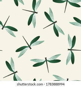 Dragonfly abstract seamless pattern. Repeating dress textile print with damselfly insects. Close up water dragonfly vector illustration. Wildlife creatures seamless. Damselfly bugs.