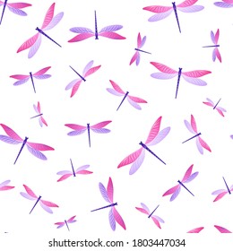 Dragonfly abstract seamless pattern. Repeating dress textile print with darning-needle insects. Close up water dragonfly vector background. Wildlife beings seamless. Damselfly silhouettes.