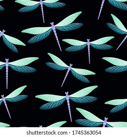 Dragonfly abstract seamless pattern. Spring clothes textile print with flying adder insects. Garden water dragonfly vector wallpaper. Fauna beings seamless. Damselfly silhouettes.