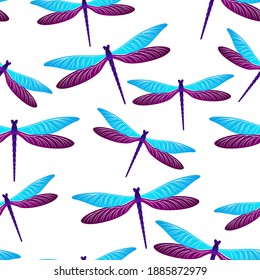 Dragonfly abstract seamless pattern. Spring clothes fabric print with damselfly insects. Garden water dragonfly vector ornament. Wildlife beings seamless. Damselfly butterflies.