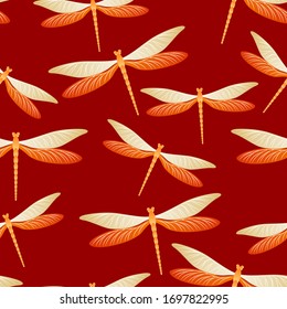 Dragonfly abstract seamless pattern. Summer dress textile print with flying adder insects. Isolated water dragonfly vector background. Wildlife beings seamless. Damselfly silhouettes.