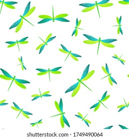 Dragonfly abstract seamless pattern. Summer clothes fabric print with flying adder insects. Garden water dragonfly vector ornament. Wildlife breathers seamless. Damselfly silhouettes.