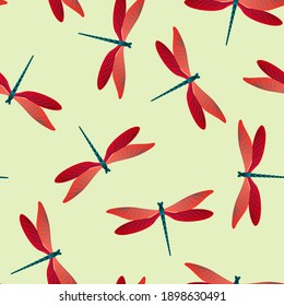 Dragonfly abstract seamless pattern. Summer dress textile print with flying adder insects. Flying water dragonfly vector background. Fauna beings seamless. Damselfly butterflies.