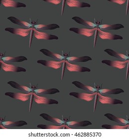 Dragonfly abstract. Vector line art. Seamless pattern.