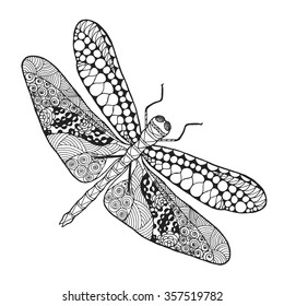 Dragonfly. Animals. Hand drawn doodle insect. Ethnic patterned vector illustration. African, indian, totem, tribal, zentangle design. Sketch for adult coloring page, tattoo, posters, print or t-shirt.