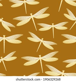 Dragonfly beautiful seamless pattern. Repeating dress textile print with darning-needle insects. Garden water dragonfly vector illustration. Nature organisms seamless. Damselfly bugs.