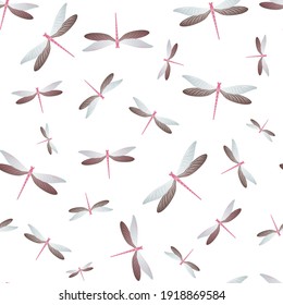 Dragonfly beautiful seamless pattern. Repeating clothes textile print with damselfly insects. Isolated water dragonfly vector ornament. Fauna beings seamless. Damselfly butterflies.