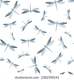 Dragonfly beautiful seamless pattern. Repeating dress textile print with darning-needle insects. Close up water dragonfly vector illustration. Nature organisms seamless. Damselflies with wings.