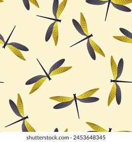 Dragonfly beautiful seamless pattern. Repeating clothes textile print with darning-needle insects. Flying water dragonfly vector wallpaper. Fauna organisms seamless. Damselflies with wings.