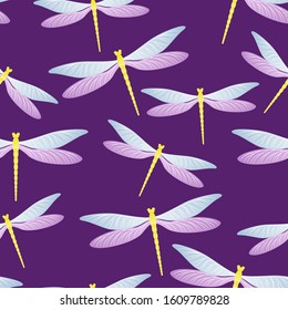 Dragonfly beautiful seamless pattern. Spring clothes textile print with darning-needle insects. Close up water dragonfly vector illustration. Fauna breathers seamless. Damselfly bugs.