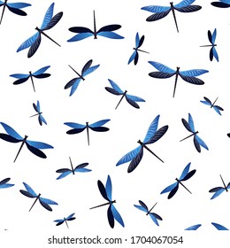 Dragonfly beautiful seamless pattern. Spring dress fabric print with damselfly insects. Graphic water dragonfly vector ornament. Nature creatures seamless. Damselflies with wings.