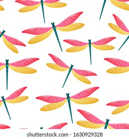 Dragonfly beautiful seamless pattern. Summer clothes fabric print with flying adder insects. Garden water dragonfly vector illustration. Wildlife beings seamless. Damselflies with wings.