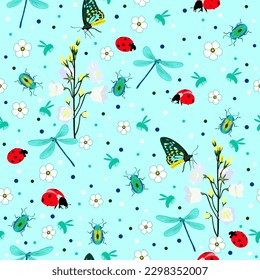 dragonfly, bee, beetles, butterfly. doodle bugs background. animal print seamless pattern in the garden. good for fabric, wallpaper, backdrop, textile, fashion design.