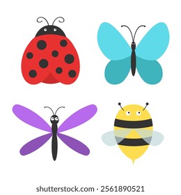 Dragonfly, Bee bumblebee, Ladybug, Butterfly, lady bug ladybird flying insect icon set. Cute cartoon kawaii funny baby character. Happy Valentines Day. Flat design. White background. Isolated. Vector